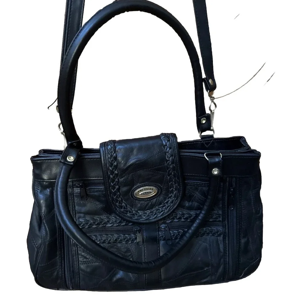 American Italy Black Leather Handbag Bag Purse Boho